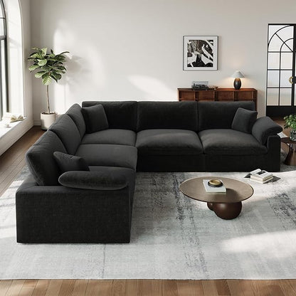 Cloud Modular Couch for Living Room,5 Seat V Shape Linen Blend Sofas,Modern Deep Seat Cloud Sofas,Convertible Comfort Down Filled Sectional Couches,Removable Washable Cushion Covers,Black