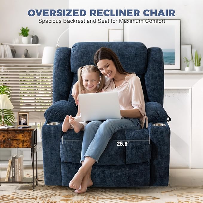 HUSFU Oversized Power Lift Recliner Chairs for Elderly with Massage and Heat, Wide Recliners Chair,Upgraded Chenille Lift Chairs w/Cup Holders, USB & Type-C Ports,Blue,1PC