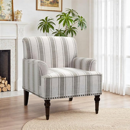 Pia Ricco Stripe Accent Chair-Modern Nailhead Trim & Wood Legs Armchair - Comfy Living Room, Bedroom, or Home Office Seating-Brown