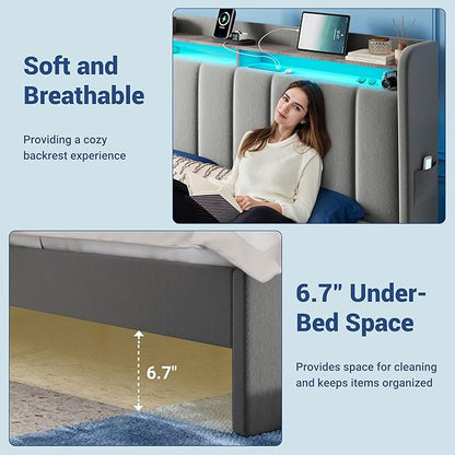 Allewie Velvet Vertical Tufted King Size Upholstered Platform Bed Frame with 2-Tier LED Storage Headboard & 2 Storage Drawers, USB & Type-C Charging Ports, Noise-Free/No Box Spring Needed, Grey