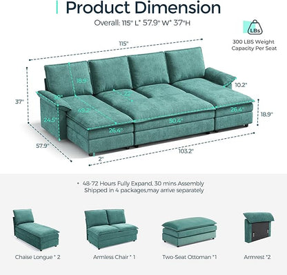 LINSY HOME Sleeper Sofa Bed, 115" Modular Sectional Sofa Bed with Double Layer Cushious, Comfy Cloud Sofa Couches for Living Room, Apartment, Home Theater, Green