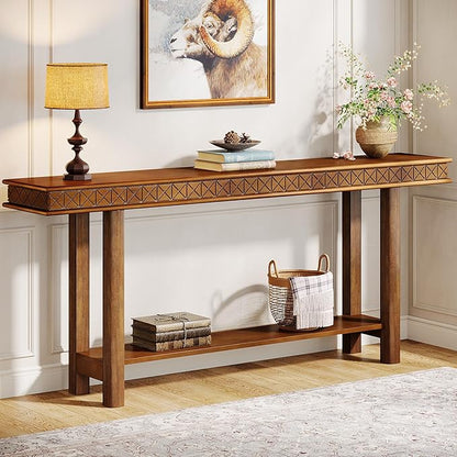Tribesigns 70.9-Inch Extra Long Console Table, Solid Wood Sofa Table Behind Couch Narrow Long, 2-Tier Entryway Accent Table with Storage for Living Room, Hallway, Entrance, Foyer, Rustic Brown