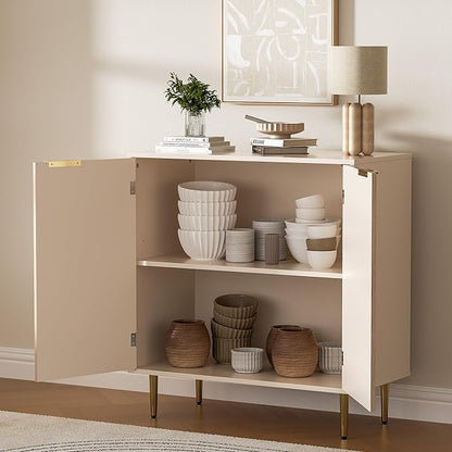 Buffet Sideboard Cabinet [Set of 2], Kitchen Cabinet with Golden Handles & Legs, Modern Accent Storage Cabinet with Adjustable Shelf, Coffee Bar for Kitchen, Dining Room, Oak