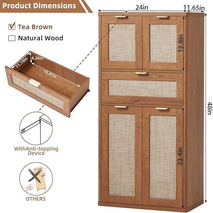 LEYAOYAO 48" Tall Storage Cabinet,Rattan Bathroom Floor Cabinets with 4 Doors & 1Drawer,Boho Kitchen Pantry with Adjustable Shelves,Wooden Cupboard for Living Room,Home Office,Dining,Brown