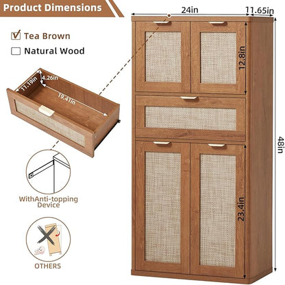 LEYAOYAO 48" Tall Storage Cabinet Set of 2,Rattan Bathroom Floor Cabinets with 4 Doors & 1Drawer,Boho Kitchen Pantry with Adjustable Shelves,Wooden Cupboard for Living Room,Home Office,Brown