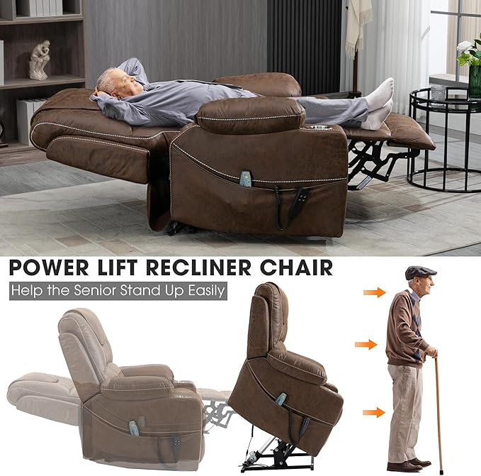 Large Power Lift Recliner Chair Sofa with Massage and Heat for Big and Tall Elderly,Infinite Positions,Dual Motor,Cup Holders,Extended Footrest,Air Leather Home Theater Seat