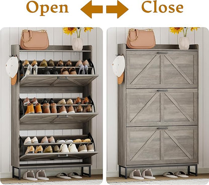 Shoe Cabinet Storage for Entryway, Shoe Storage Cabinet with 3 Flip Drawers, Freestanding Narrow Shoe Rack Organizer with Metal Legs & Side Hook for Foyer, Hallway, Grey