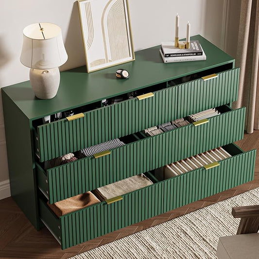 3-Piece Dresser Bedroom Set, 7 Drawer Dresser & 3 Drawer Nightstands with Gold Handles, Fluted Wood Chest of Drawers for Bedroom, Living Room, Entryway, Green