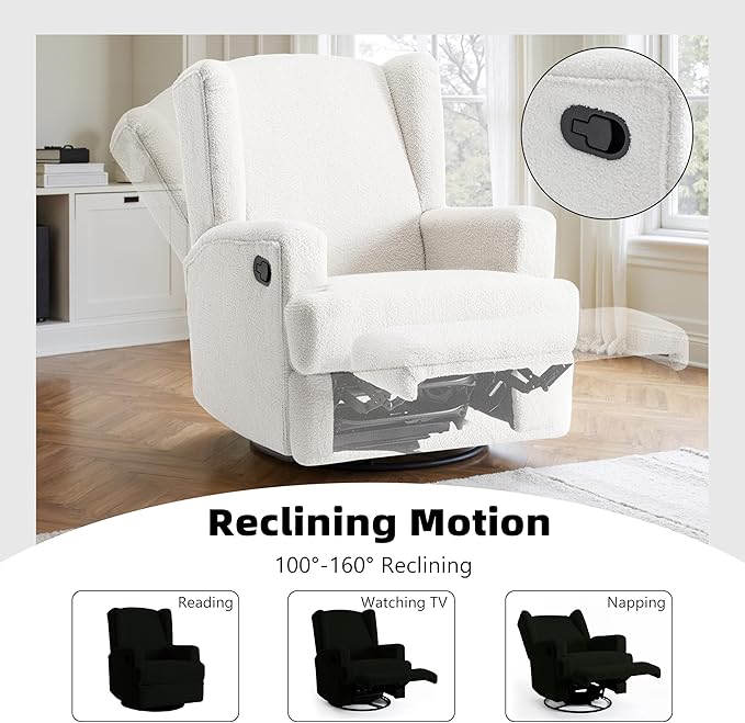 Boucle Swivel Glider Recliner Chairs Set of 2 for Adults - Plush High Back Rockers with Deep Seat, Coordinating Manual Recliners for Living Room, Luxury Upholstered Armchairs-White