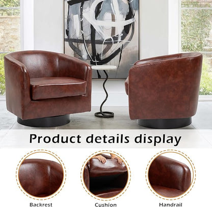 Lumibee Swivel Accent Chair, Faux Leather Swivel Barrel Chair for Living Room, Modern Comfy Upholstered Round Armchair Single Sofa Chair for Bedroom, Club-Red Brown