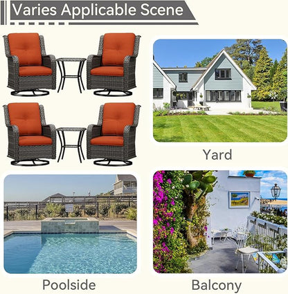 6 Pieces Outdoor Furniture Set - Patio Wicker Swivel Rocker Chair Set of 4 and 2 Side Table, Orange, Mixed Brown Rattan, Suitable for Porch, Yard