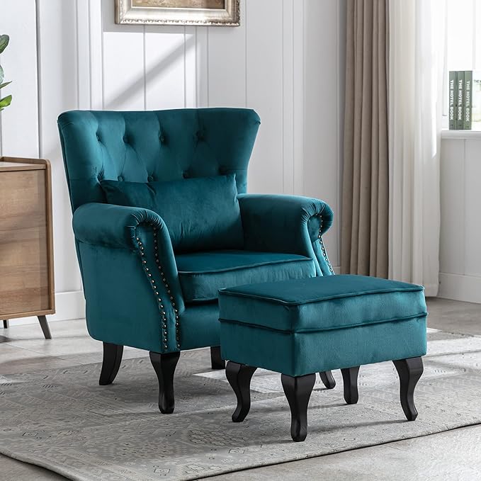 chairus Mid-Century Modern Accent Chairs with Ottoman Set of 2, Comfy Velvet Single Sofa Chair Button Tufted Wingback Armchairs with Pillow for Living Room/Bedroom/Club - Teal