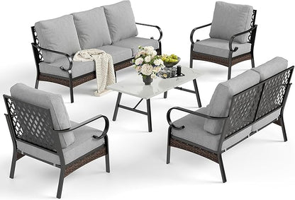5 Piece Metal Outdoor Patio Furniture Set, Patio Conversation Sets 1 3-Seater Sofa, 2-Seater Sofa, 2 Fixed Sofa with 5.75" Cushion & Coffee Table Black Backyard Furniture, Light Gray
