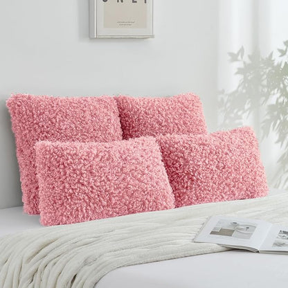 FUTEI Pink Decorative Throw Pillow Covers 24x24 Inch Set of 2,Soft Fluffy Faux Wool Fur Boucle Textured European Cushion Case,Modern Home Decor for Couch Bed Living Room Office