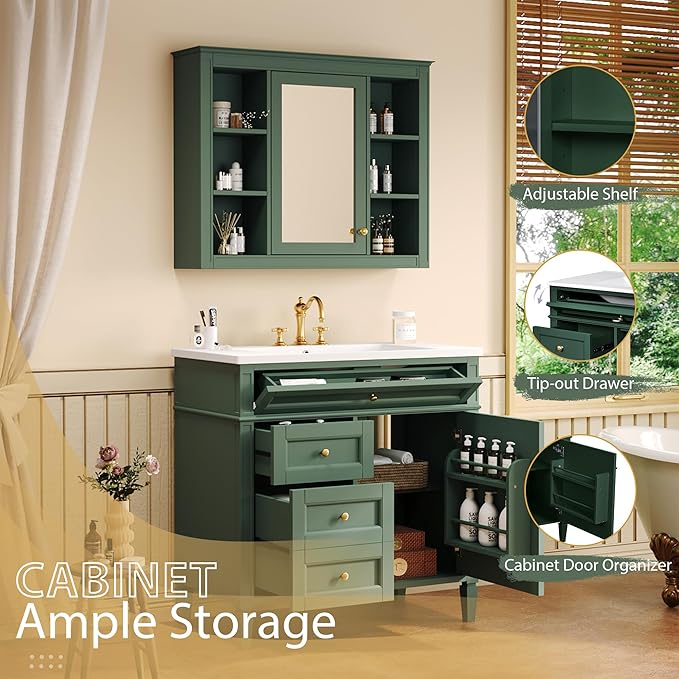 36" Bathroom Vanity with Matching Medicine Cabinet, Modern Sink Storage Cabinet with Drawers, Soft Closing Doors and Shelf, Bathroom Vanities with Sink & Mirror