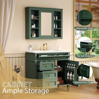 36" Bathroom Vanity with Matching Medicine Cabinet, Modern Sink Storage Cabinet with Drawers, Soft Closing Doors and Shelf, Bathroom Vanities with Sink & Mirror