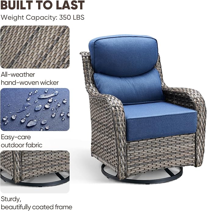 Swivel Patio Chairs Set of 3 with 6" Thick Cushion - Wicker Outdoor Swivel Rocker Patio Chairs with Side Table, High Back Comfortable Outdoor Glider- Grey Wicker | Blue Cushions