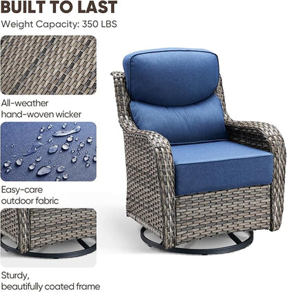 Swivel Patio Chairs Sofa Set of 4 with 6" Thick Cushion - Wicker Outdoor Swivel Rocker Patio Chair with Side Table, High Back Comfortable Outdoor Glider Chairs - Grey Wicker | Blue Cushions