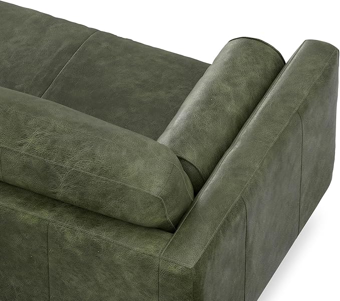SIMPLIHOME Morrison 72-inch Wide Sofa in Moss Green Genuine Leather, Mid-Century Modern-Style Loveseat for Living Room, Single Bench Cushion, Removable Back Cushions, 2 Bolster Pillows