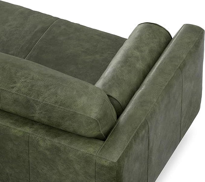 SIMPLIHOME Morrison 72-inch Wide Sofa in Moss Green Genuine Leather, Mid-Century Modern-Style Loveseat for Living Room, Single Bench Cushion, Removable Back Cushions, 2 Bolster Pillows