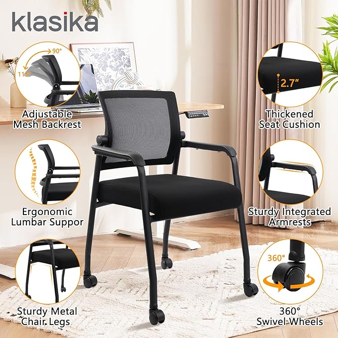 8PK Office Guest Chairs No Wheels | Ergonomic Lumbar Support and Thicked Seats Cushion, Desk Chair with Adjustable Mesh Back for Waiting Room School Church Reception，Black
