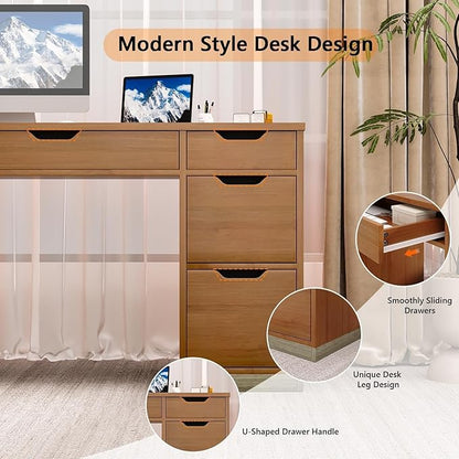 54 Inch Executive Desk with Drawers, Computer Desk with 7 Drawers for Bedroom, Office Desk with File Cabinet for Work Study Writing, Small Spaces, Brown