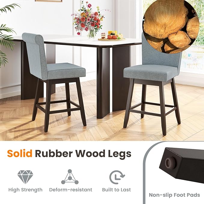 COSTWAY Swivel Bar Stools Set of 2, 27" Counter Height Bar Chairs with Rubber Wood Legs, Upholstered Linen Barstools with Back & Cushioned Seat, for Kitchen Island, Home, Grey
