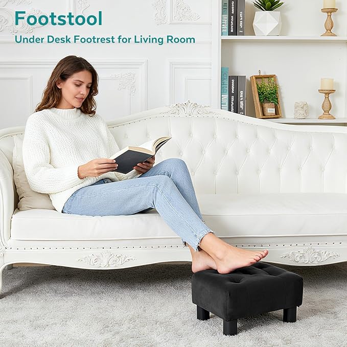 Small Foot Stool Ottoman, Velvet Footstool Ottoman Foot Rest for Couch, Rectangle Footstools and Ottomans Small for Living Room, Entryway and Bedroom (Black)