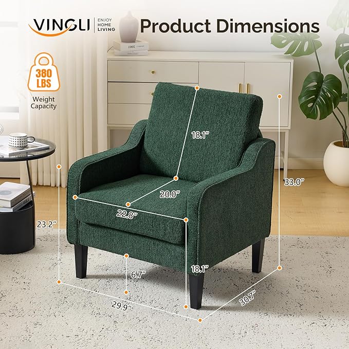 VINGLI Accent Chair for Living Room Chairs Reading Chair for Bedroom Chair Scooped Arm Chair Mid Century Modern Accent Chairs Upholstered Comfy Chair for Apartment, Waiting Room (1, Dark Green)