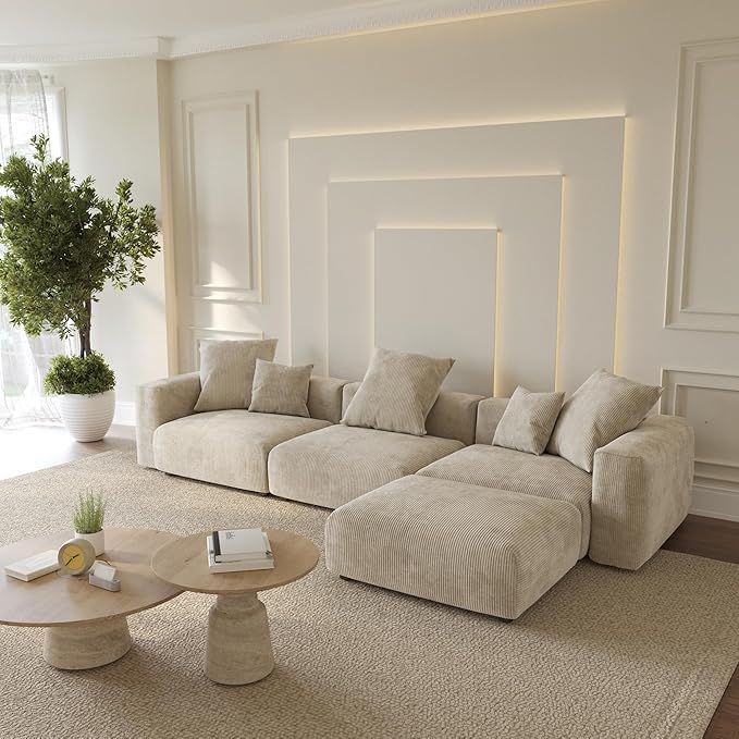 WJShome Cloud Couch Modular Sectional Sofa,141.73inch L Shaped Couch,Oversized Corduroy Couches with Ottoman and Pillows, Beige 4 Seaters Cushion Covers Removable& Washable