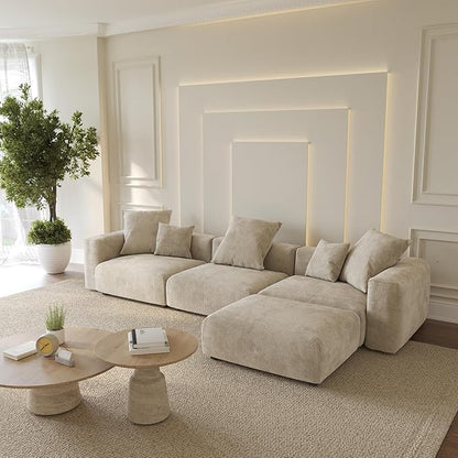 WJShome Cloud Couch Modular Sectional Sofa,141.73inch L Shaped Couch,Oversized Corduroy Couches with Ottoman and Pillows, Beige 4 Seaters Cushion Covers Removable& Washable