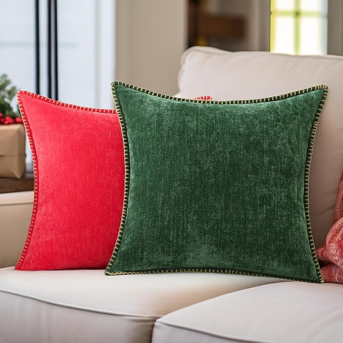 decorUhome Christmas Chenille Soft Throw Pillow Covers 22x22 Set of 2, Farmhouse Velvet Neutral Decorative Euro Pillow Covers with Stitched Edge for Couch Sofa Bed Home Decor, Christmas Red