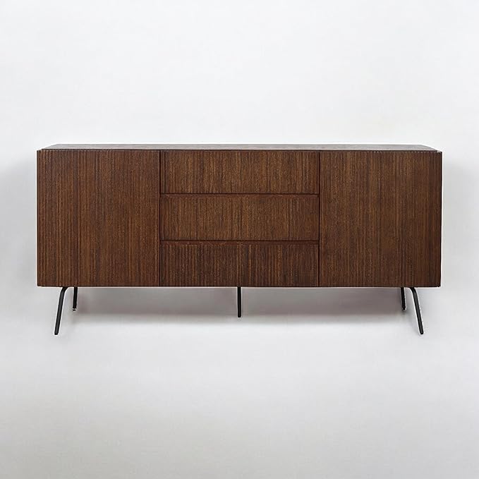 NTC Veil Large Sideboard with 2 Doors and 3 Drawers, Buffet Cabinet with Vertical Groove Design and Metal Legs, Storage Cabinet for Living Room, and Entryway, Effortless Assembly - Dark Walnut