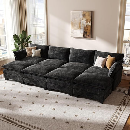 KKL 120" Huge Modular Sectional Sofa Bed, 8 Seater Convertible J/L/U-Shaped Sleeper Cloud Couch with Ottoman, Chenille Sectional Couches for Living Room, Apartment, Black