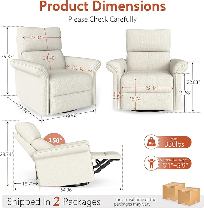 Recliner Chair, 270 Power Swivel Rocker Recliner Chair for Adults, Rocking Glider Recliners for Small Spaces, Glider Nursery Rocking Chairs for Home Theater Living Room Bedroom Nursery