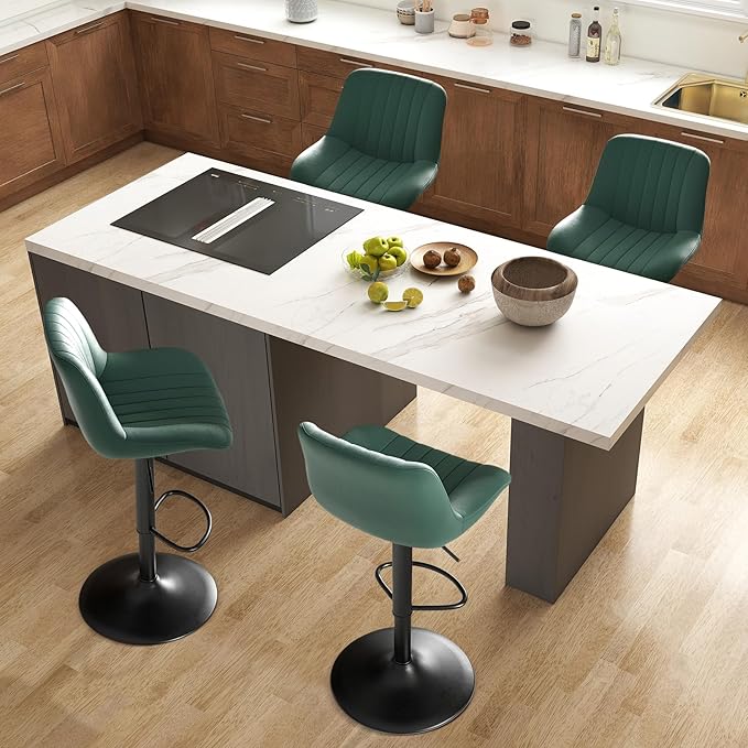 Nalupatio Bar Stools Set of 4, Adjustable Modern Swivel Bar Stools with Backs, Counter Height Performance Fabric Island Chairs for Home Kitchen, Dark Green