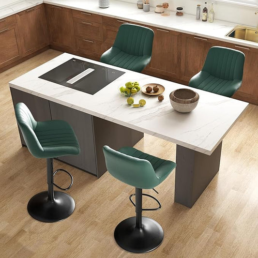 Nalupatio Bar Stools Set of 4, Adjustable Modern Swivel Bar Stools with Backs, Counter Height Performance Fabric Island Chairs for Home Kitchen, Dark Green