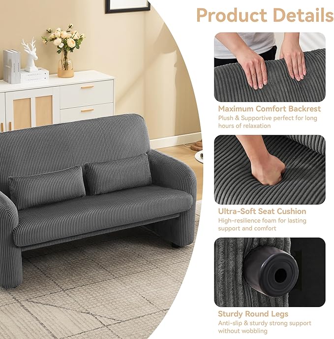 56'' Corduroy Loveseat Sofa, 2 Seater Love Seat Couch for Small Space, Comfy Upholstered Modern Leisure Loveseat Couches with Lumbar Pillows for Bedroom, Office, Living Room, Grey