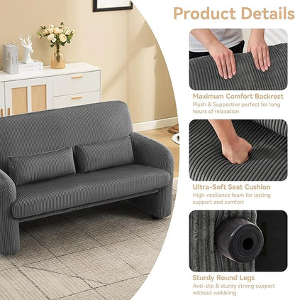 56'' Corduroy Loveseat Sofa, 2 Seater Love Seat Couch for Small Space, Comfy Upholstered Modern Leisure Loveseat Couches with Lumbar Pillows for Bedroom, Office, Living Room, Grey