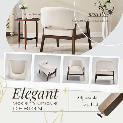 Mid-Century Modern Accent Chair Set of 2, Comfy Barrel Armchair Living Room Chair for Bedroom, Upholstered Lounge Chairs for Reading Nook Office, White Chenille, Wood Legs