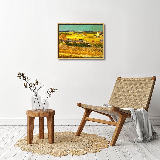 Wieco Art Framed Wall Art of Harvest at La Crau with Mont majour by Van Gogh Oil Paintings Reproduction Abstract Canvas Prints for Home Living Room Decorations Bronze Gold Frame