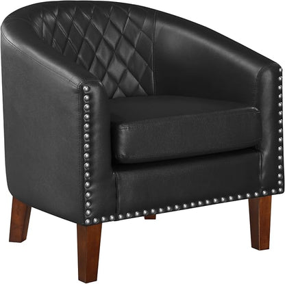 Prilinex Comfy Barrel Accent Chair - Faux Leather Living Room Chair Club Chair with Cushion, Diamond Grid Backrest & Nailhead Trim, Guest Chair for Office, Bedroom & Waiting Room, Black
