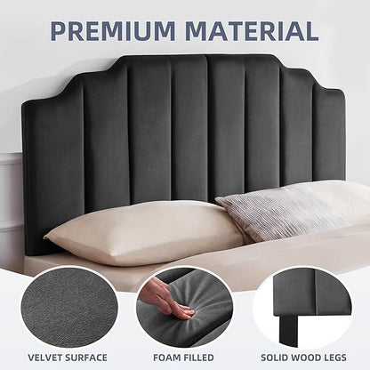 Headboard Queen, Velvet Upholstered Tufted Headboard with Modern Vertical Channel Design, Elegantly Curved Soft Padded Queen headboard only, Easy Installation, Darkgray