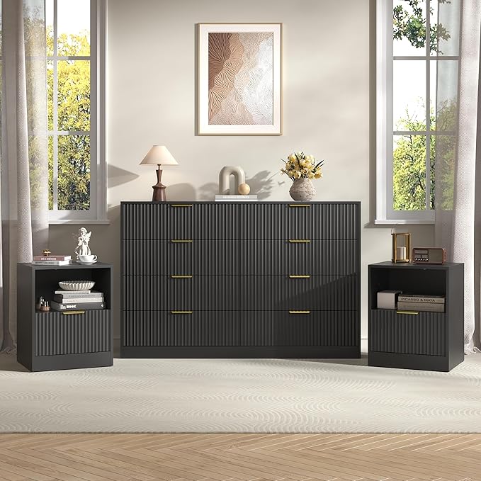 3-Piece Modern Bedroom Furniture Set, Wide 8-Drawer Dresser & 1-Drawer Nightstands Set of 2, Natural Wood Dresser and Nightstand Sets for Bedroom, Hallway, Black