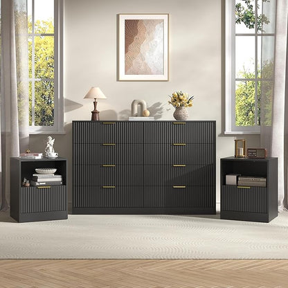 3-Piece Modern Bedroom Furniture Set, Wide 8-Drawer Dresser & 1-Drawer Nightstands Set of 2, Natural Wood Dresser and Nightstand Sets for Bedroom, Hallway, Black