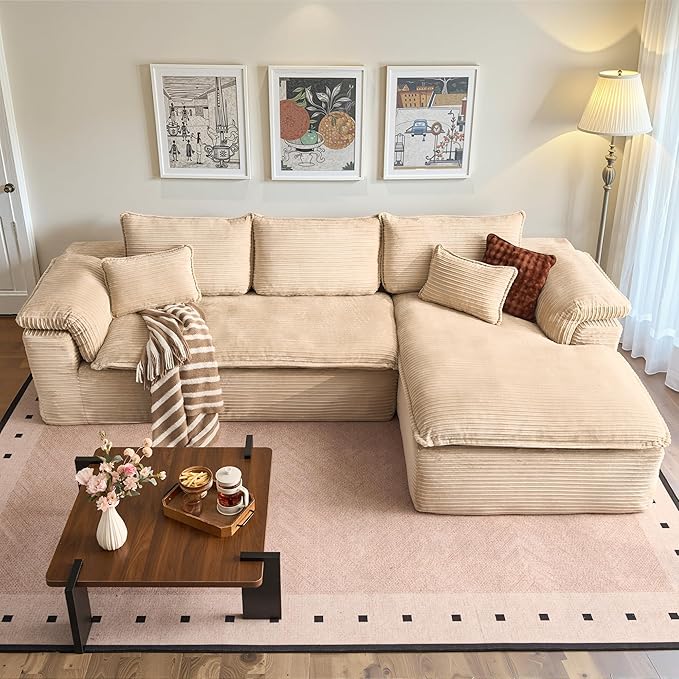 113 in Oversized Cloud Sofa with L Shape Chaise, Sectional Couches for Living Room, Assembly Free Modular Comfy Corduroy Sofa with Right Facing Chaise Longue for Home Apartment (Right Chaise, Beige)