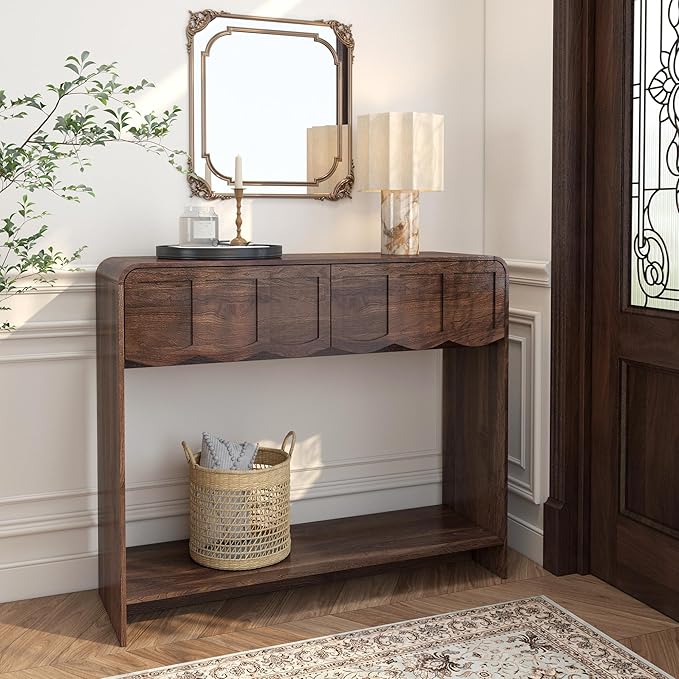 Console Table with 2 Drawers, Mid-Century Modern 42" Entryway Table with Open Storage Shelves, Sofa Table Behind Couch for Living Room, Hallway, Walnut