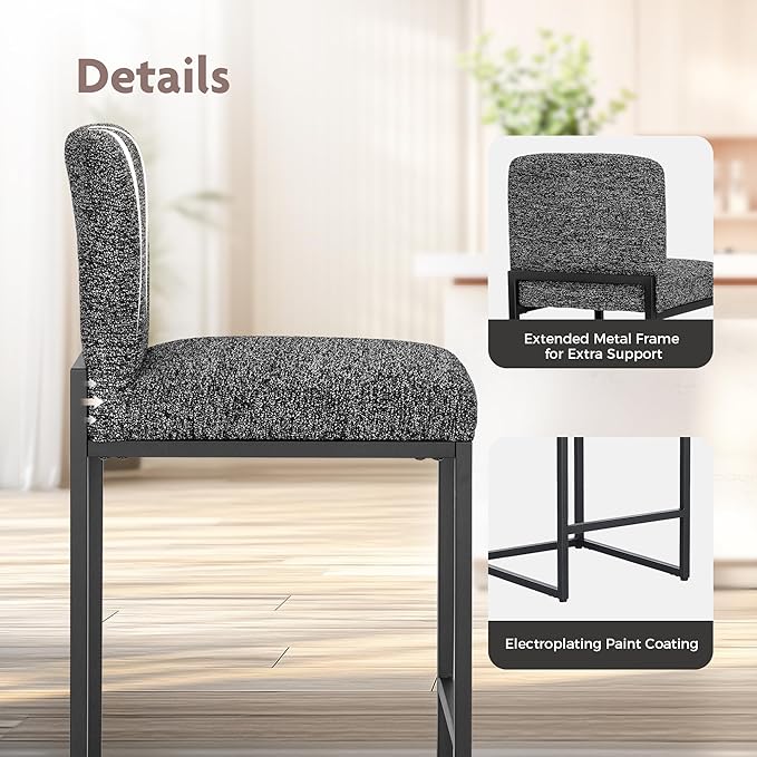 ALPHA HOME 24" Bar Stools Set of 2 Kitchen Counter Stools with Back, Counter Height Stools with Upholstered Footrest for Kitchen Island, Metal Steel Frame, Chenille, Black