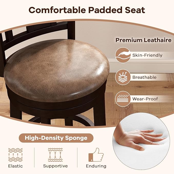 COSTWAY Set of 4 Bar Stools, 30” Swivel Bar Chairs with Footrest, Rubber Wood Frame & Lattice Backrest, Leathaire Bar Height Stools for Kitchen Island (4, 30”)