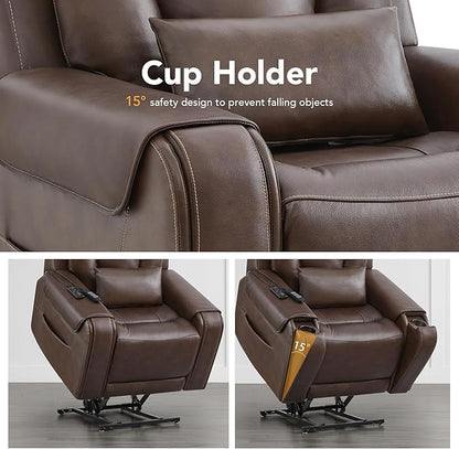 CHITA Electric Power Lift Recliner Chair for Elderly with Massage and Heat, Large Lay Flat Genuine Leather Recliner Chair with Cup Holders, USB Ports, Power Headrest, Independent Backrest, Dark Brown